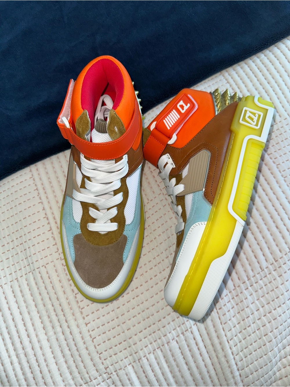 Christian Louboutin Men's High-Top Sneakers in Orange, Yellow & Brown